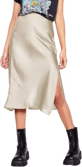 ATHX Women's Elegant Satin Midi Skirt Dressy Summer Casual High Waisted Solid Silk Split Cocktail Party Skirts