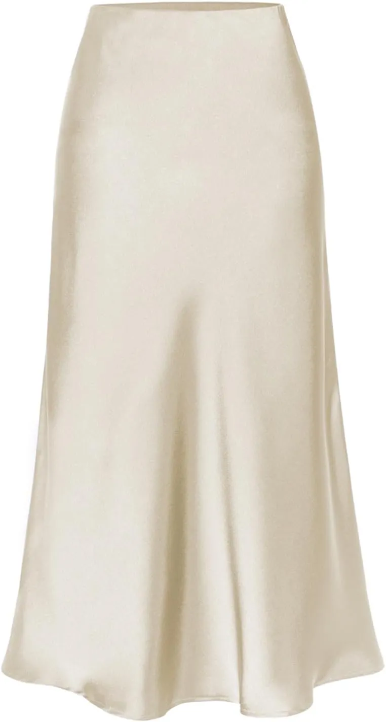 ATHX Women's Elegant Satin Midi Skirt Dressy Summer Casual High Waisted Solid Silk Split Cocktail Party Skirts