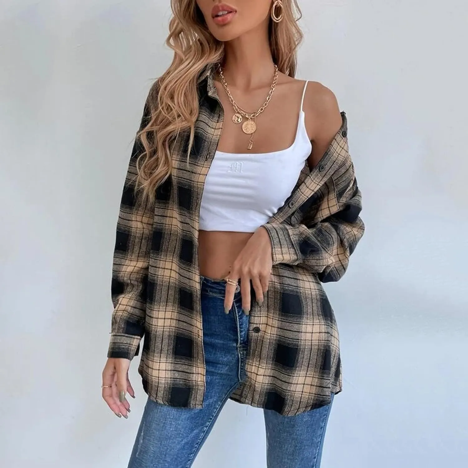 Blostirno Womens Plaid Button Down Shirts Flannel Long Sleeve Casual Shackets Dressy Loose Blouse Tops