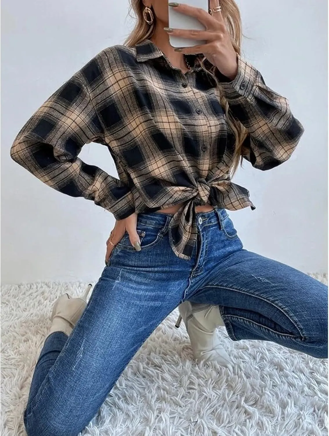 Blostirno Womens Plaid Button Down Shirts Flannel Long Sleeve Casual Shackets Dressy Loose Blouse Tops