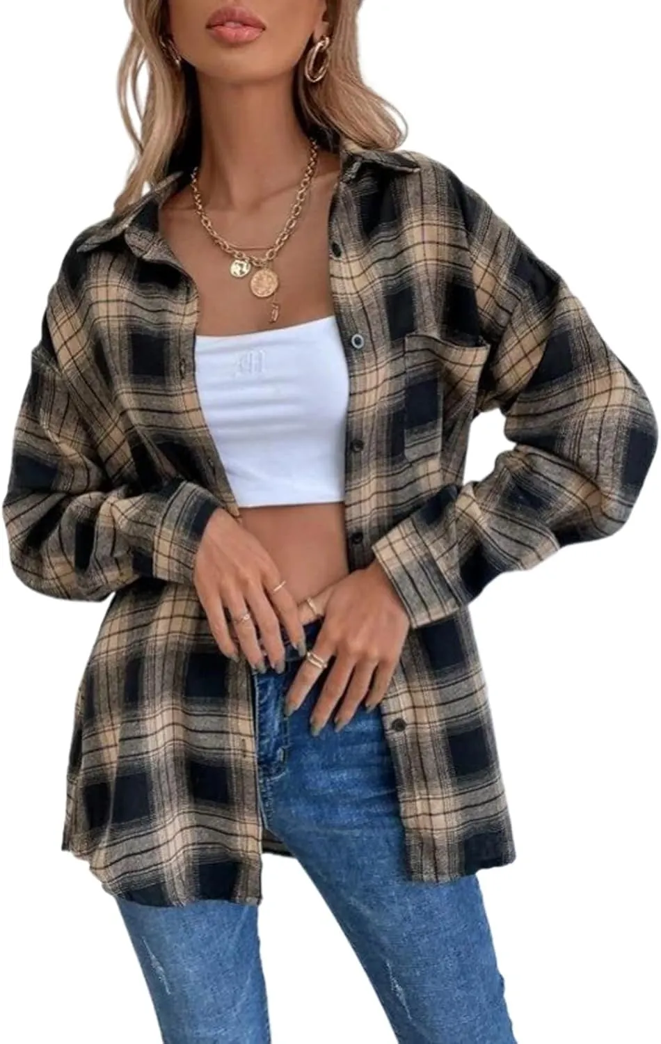 Blostirno Womens Plaid Button Down Shirts Flannel Long Sleeve Casual Shackets Dressy Loose Blouse Tops