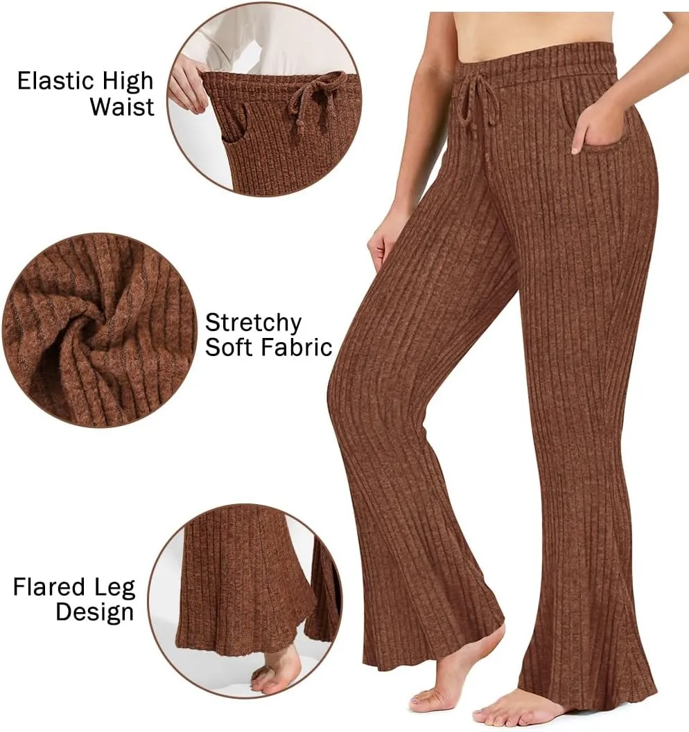 CARCOS Plus Size Pants for Women Ribbed Knit Flare Pants High Waist Lounge Pants Drawstring Wide Leg Trousers with Pockets