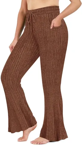 CARCOS Plus Size Pants for Women Ribbed Knit Flare Pants High Waist Lounge Pants Drawstring Wide Leg Trousers with Pockets