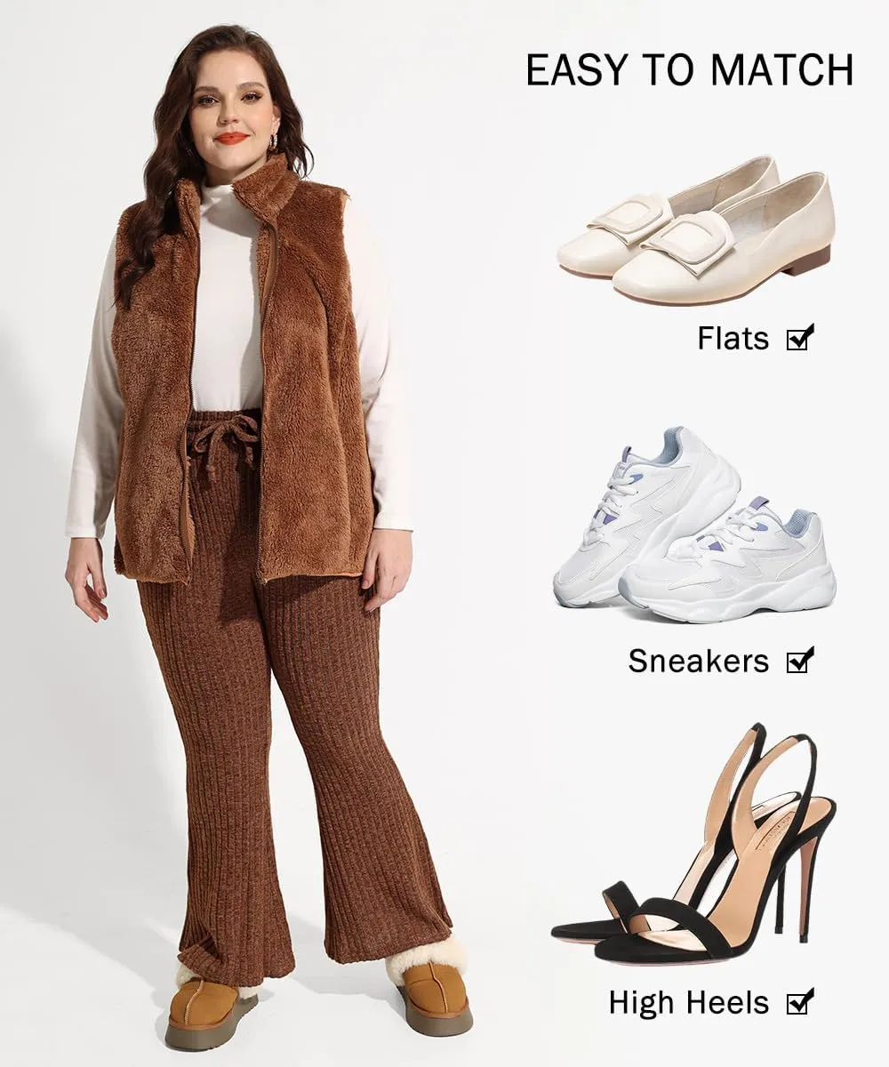 CARCOS Plus Size Pants for Women Ribbed Knit Flare Pants High Waist Lounge Pants Drawstring Wide Leg Trousers with Pockets