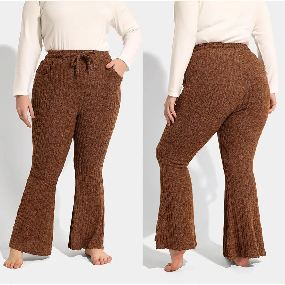 CARCOS Plus Size Pants for Women Ribbed Knit Flare Pants High Waist Lounge Pants Drawstring Wide Leg Trousers with Pockets