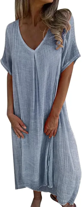 Cotton and Linen V-Neck Midi Dress Summer Short Sleeve Solid Flowy Bohemian Style Casual Loose Dressy Soft Dresses