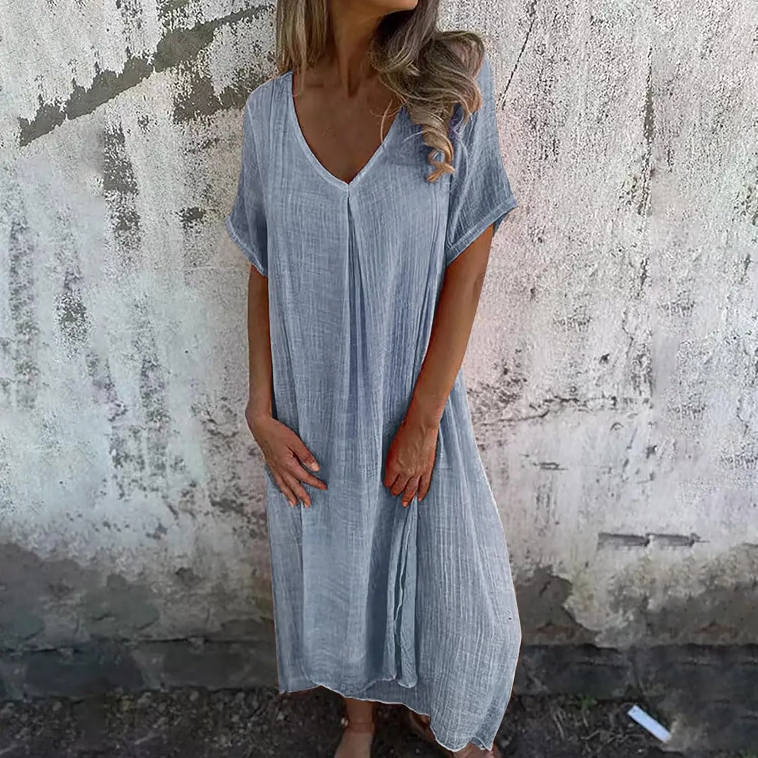 Cotton and Linen V-Neck Midi Dress Summer Short Sleeve Solid Flowy Bohemian Style Casual Loose Dressy Soft Dresses