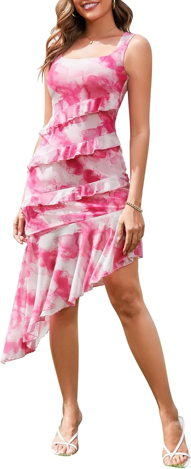 Dressystar Women 2025 Summer Floral Bodycon Dress Square Neck Straps Asymmetrical Ruffle Stretch Mesh Cocktail Party Dresses