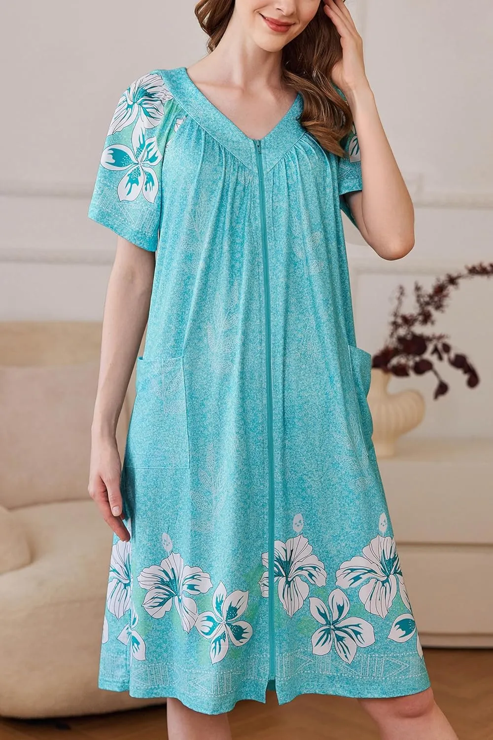 Ekouaer Women Robe Zipper Front Mumu Duster Robes Zip Up Housecoat Soft Sleepwear with Pockets S-3XL