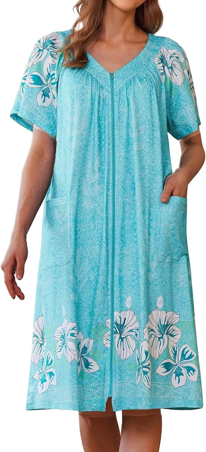 Ekouaer Women Robe Zipper Front Mumu Duster Robes Zip Up Housecoat Soft Sleepwear with Pockets S-3XL