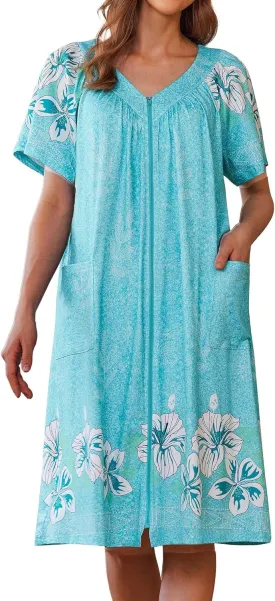Ekouaer Women Robe Zipper Front Mumu Duster Robes Zip Up Housecoat Soft Sleepwear with Pockets S-3XL