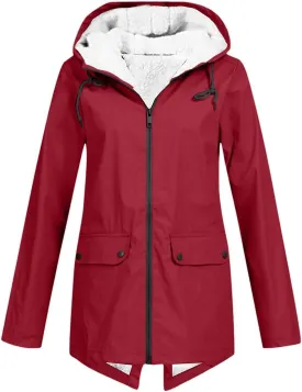 Fleece Lined Raincoat for Women Solid Color Waterproof Jackets with Hood Lightweight Outdoor Windbreaker Jacket