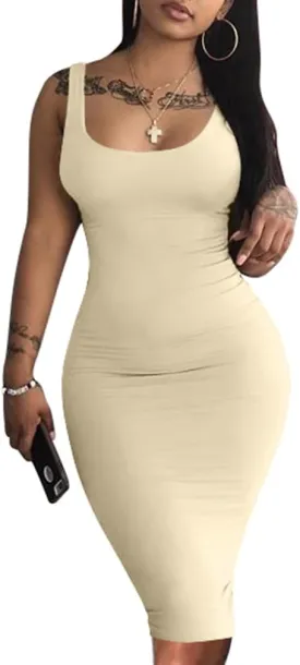 LAGSHIAN Women's Sexy Bodycon Tank Dress Sleeveless Basic Midi Club Dresses