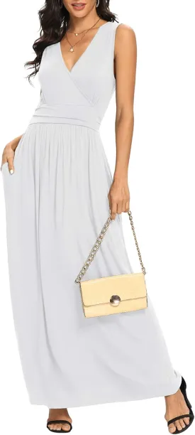 LILBETTER Women Sleeveless Deep V Neck Loose Plain Long Maxi Casual Dress