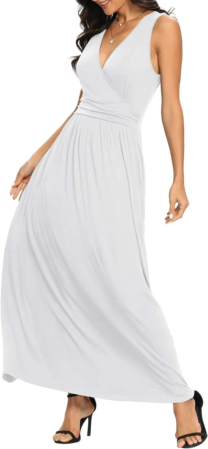 LILBETTER Women Sleeveless Deep V Neck Loose Plain Long Maxi Casual Dress