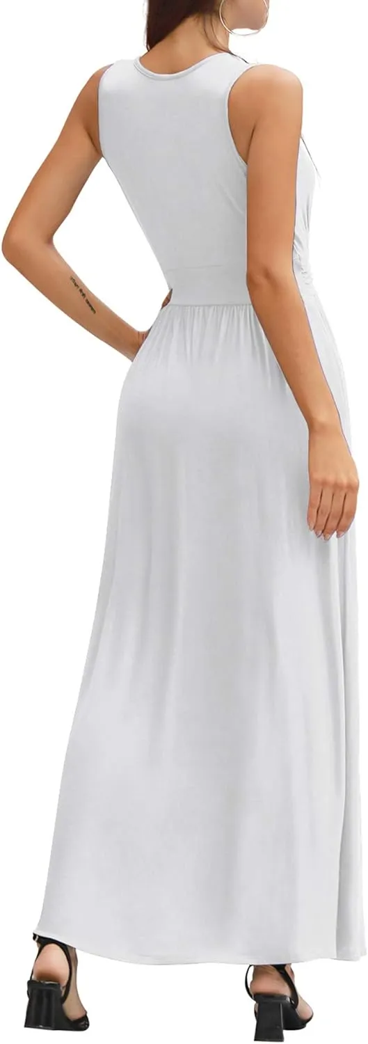 LILBETTER Women Sleeveless Deep V Neck Loose Plain Long Maxi Casual Dress