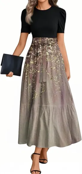 Long Floral Dresses for Women 2025 Elegant Boho Tie Belted Patchwork Empire Waist Short Sleeve Modest Flowy Maxi Dress