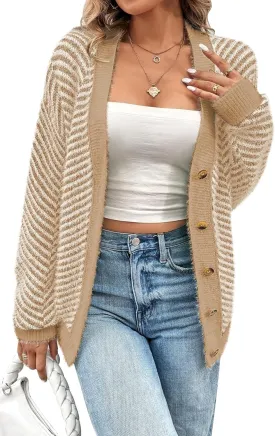 Pink Queen Women's Fuzzy Sweater Cardigans 2024 Long Sleeve Button Down Open Front Stripe Color Block Knit Cardigan Outerwear