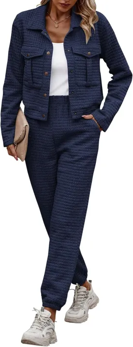 PRETTYGARDEN Womens 2025 Winter 2 Piece Outfit Tracksuit Long Sleeve Button Down Shacket Jacket Pockets Long Pants Casual Set