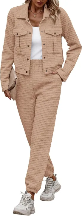 PRETTYGARDEN Womens 2025 Winter 2 Piece Outfit Tracksuit Long Sleeve Button Down Shacket Jacket Pockets Long Pants Casual Set