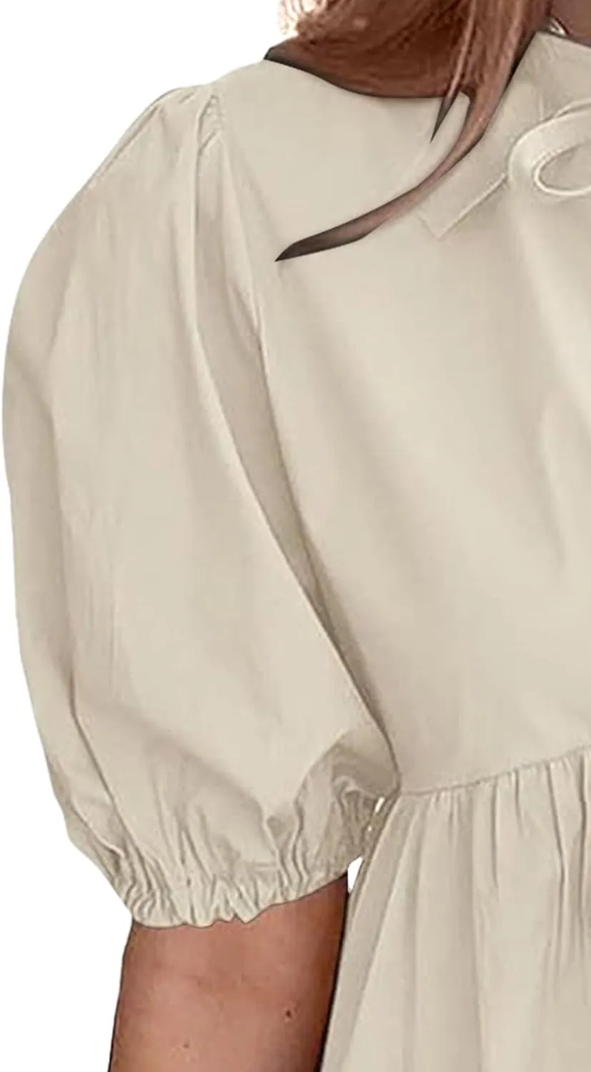 Puff Sleeve Dress for Women Summer Short Sleeve Mini Babydoll Dress Bow Front Tie Cute Pleated A Line Tunic Dresses