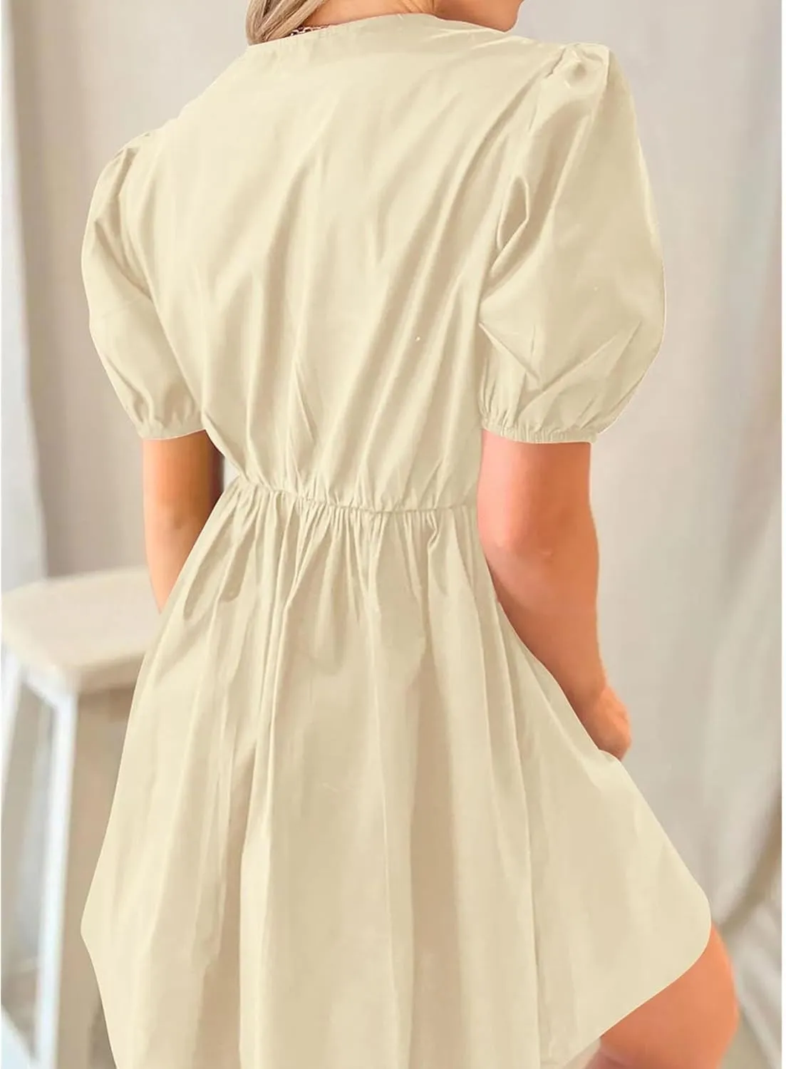 Puff Sleeve Dress for Women Summer Short Sleeve Mini Babydoll Dress Bow Front Tie Cute Pleated A Line Tunic Dresses