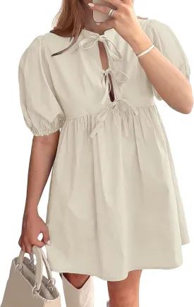 Puff Sleeve Dress for Women Summer Short Sleeve Mini Babydoll Dress Bow Front Tie Cute Pleated A Line Tunic Dresses
