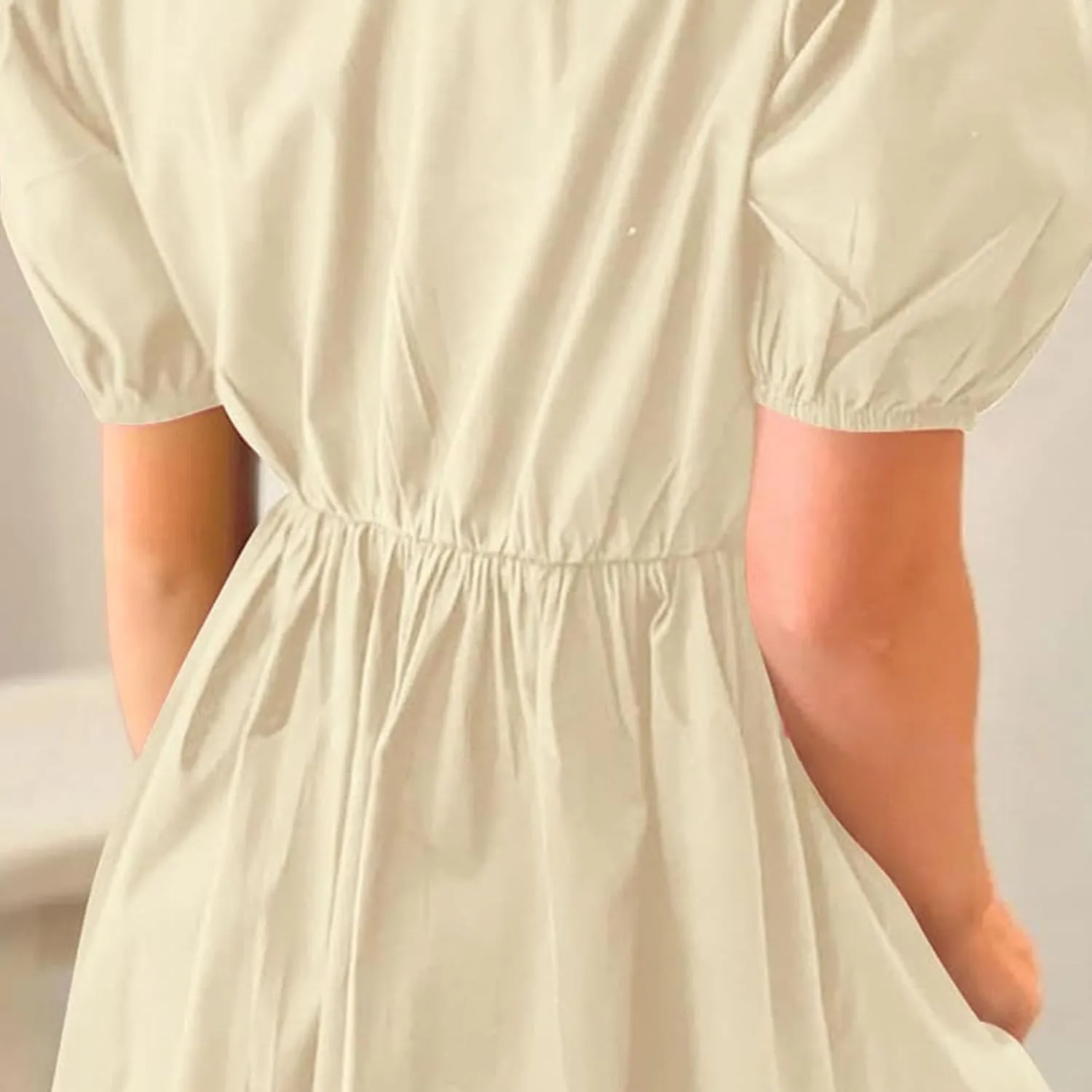 Puff Sleeve Dress for Women Summer Short Sleeve Mini Babydoll Dress Bow Front Tie Cute Pleated A Line Tunic Dresses