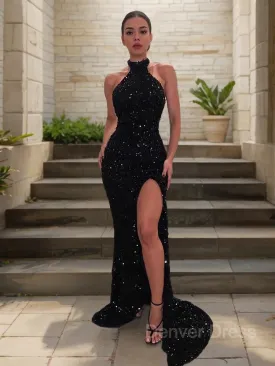 Sheath Halter Sweep Train Sequins Prom Dresses With Leg Slit