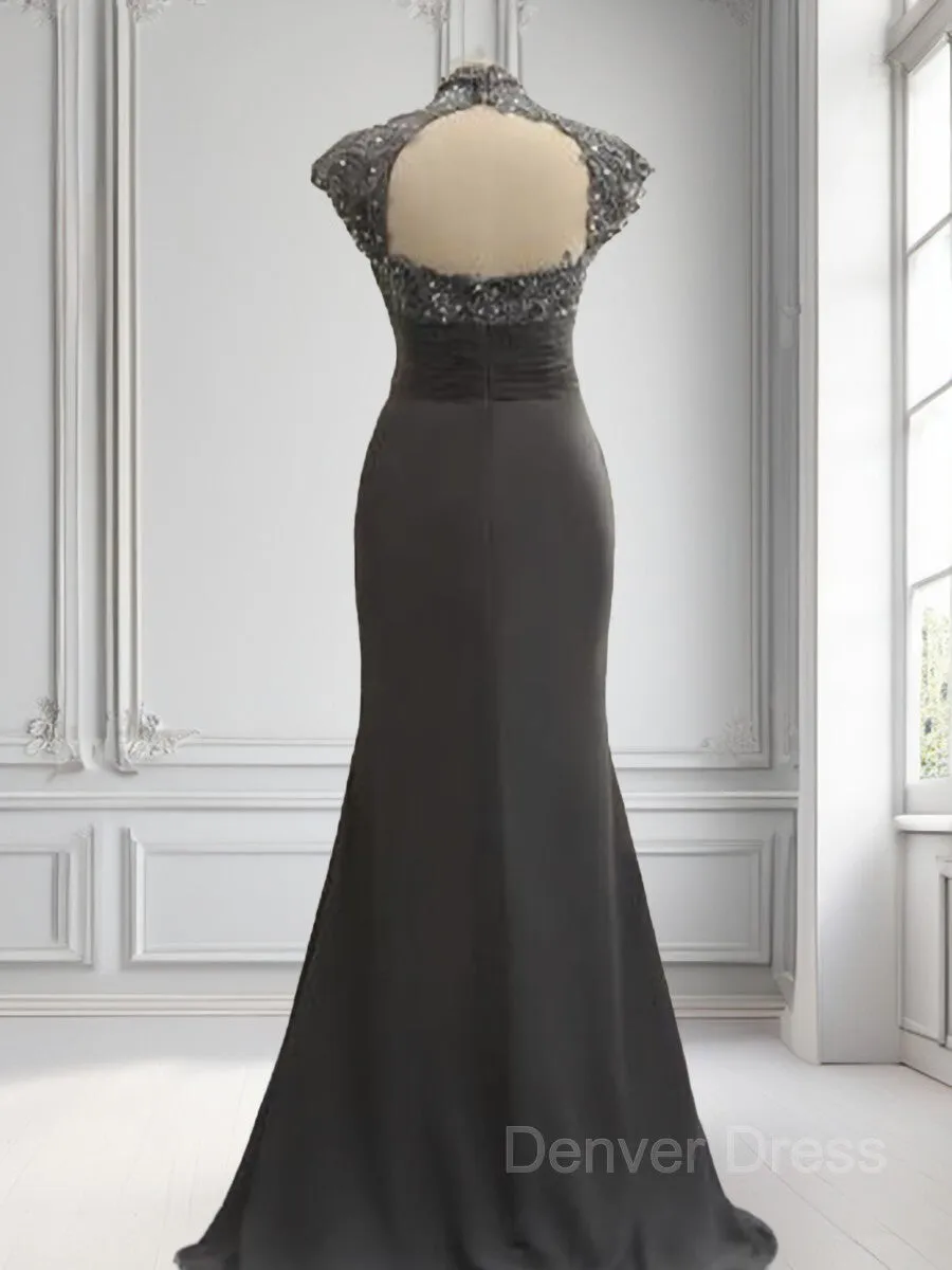 Sheath High Neck Sweep Train Chiffon Mother of the Bride Dresses With Lace
