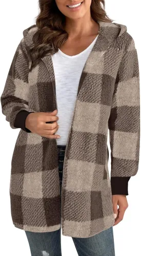 Sherpa Jacket Women Soft Comfy Plaid Fuzzy Fleece Jacket Open Front Hooded Cardigan Casual Oversized Outerwear