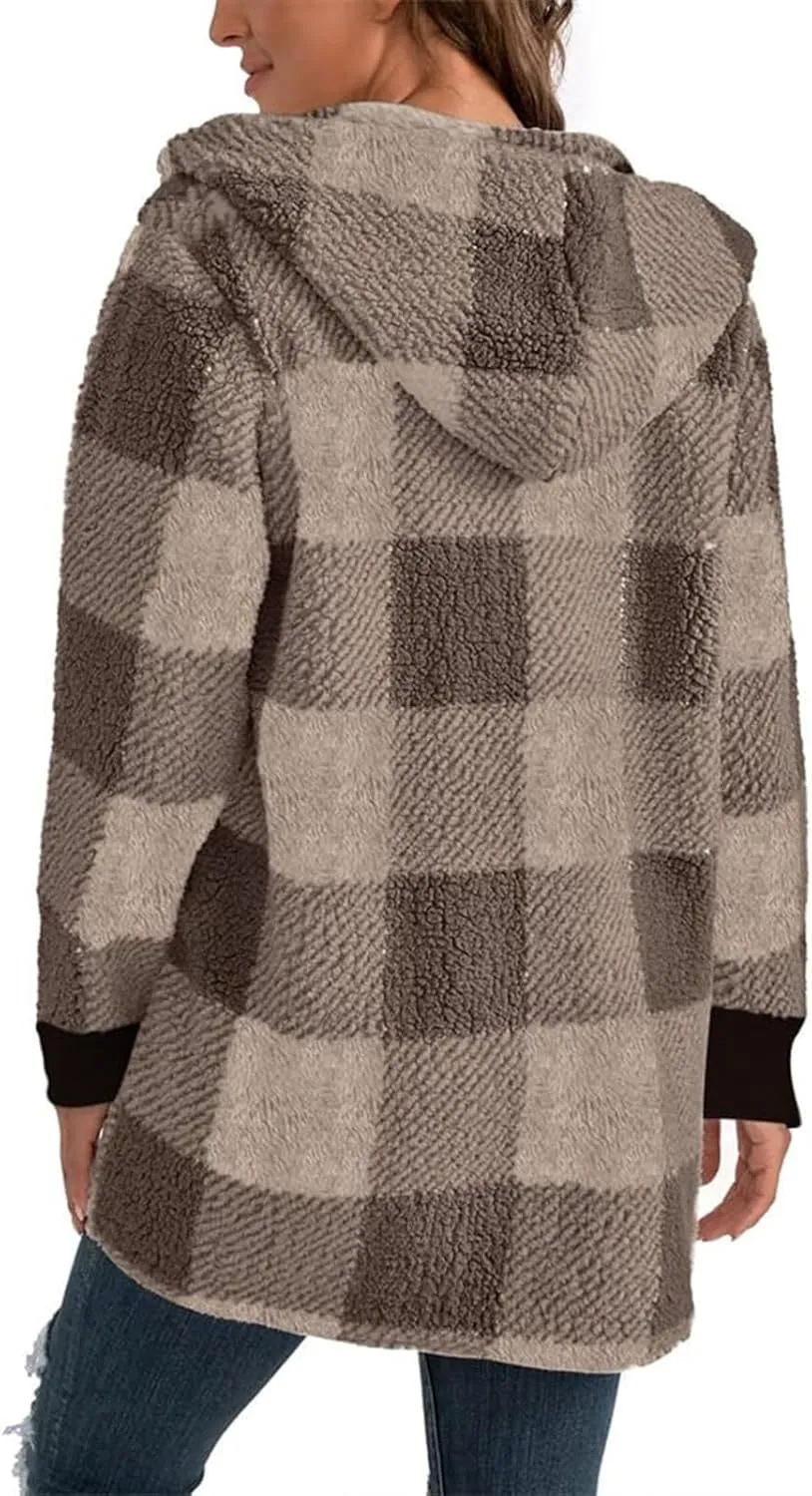 Sherpa Jacket Women Soft Comfy Plaid Fuzzy Fleece Jacket Open Front Hooded Cardigan Casual Oversized Outerwear