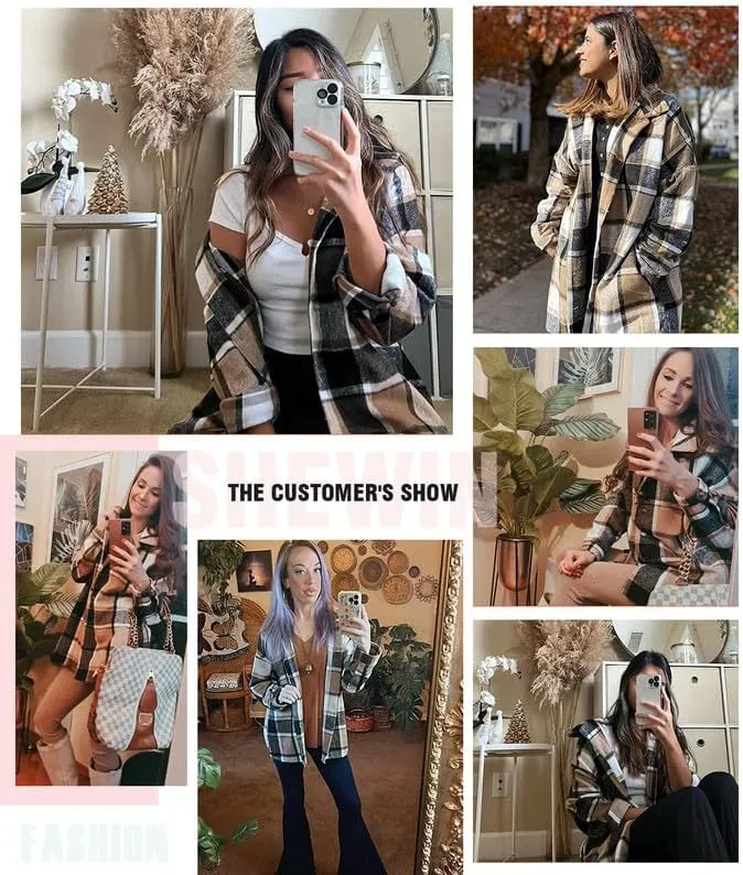 SHEWIN Womens Long Sleeve Plaid Shirts Flannel Lapel Button Down Shacket Jacket Coats