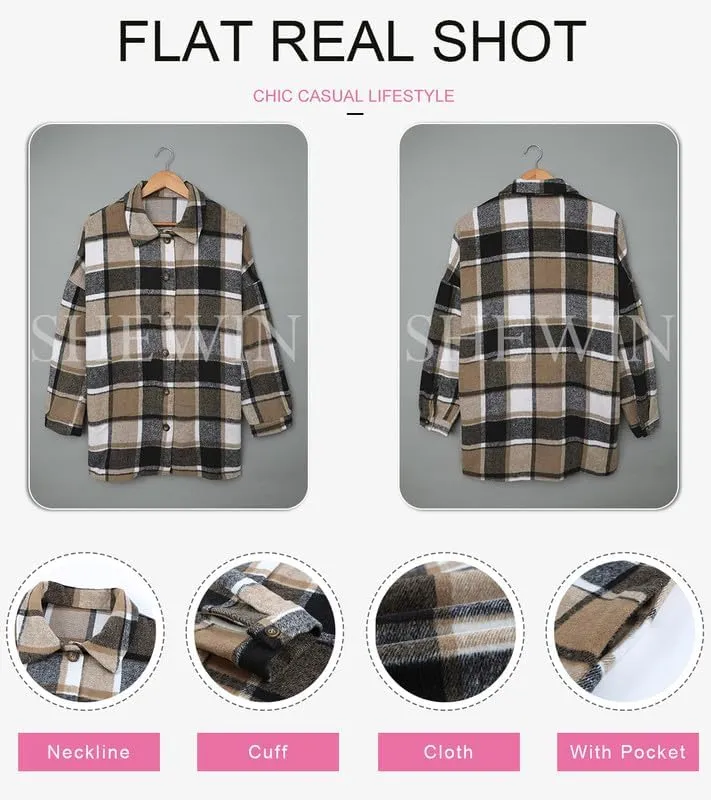 SHEWIN Womens Long Sleeve Plaid Shirts Flannel Lapel Button Down Shacket Jacket Coats