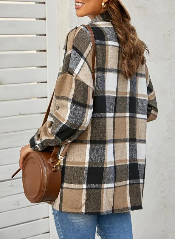 SHEWIN Womens Long Sleeve Plaid Shirts Flannel Lapel Button Down Shacket Jacket Coats