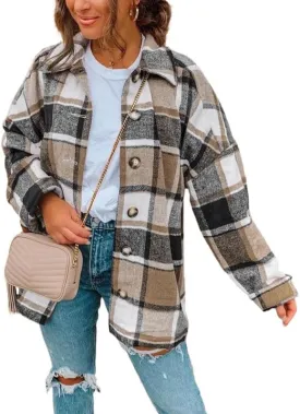 SHEWIN Womens Long Sleeve Plaid Shirts Flannel Lapel Button Down Shacket Jacket Coats