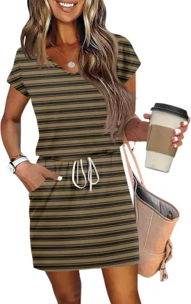 Summer T Shirt Dresses for Women 2025 V Neck Short Sleeve A Line Mini Dresses with Pockets Tie Waist Casual Sundresses