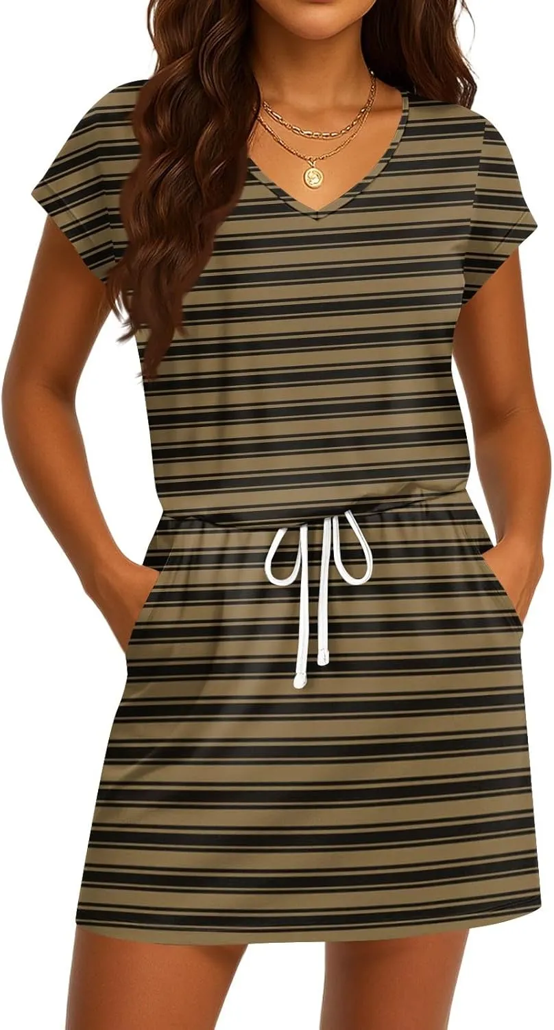 Summer T Shirt Dresses for Women 2025 V Neck Short Sleeve A Line Mini Dresses with Pockets Tie Waist Casual Sundresses