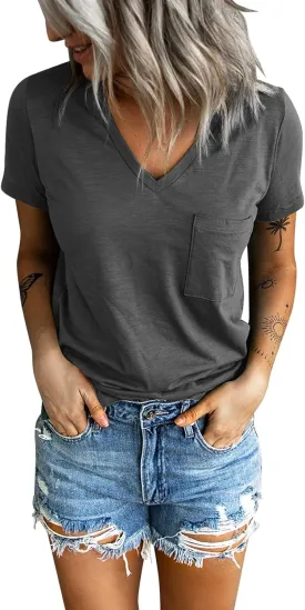 Sunborui Women's Summer Short Sleeve V Neck T Shirts Pocket Solid Loose Casual Tee Tops