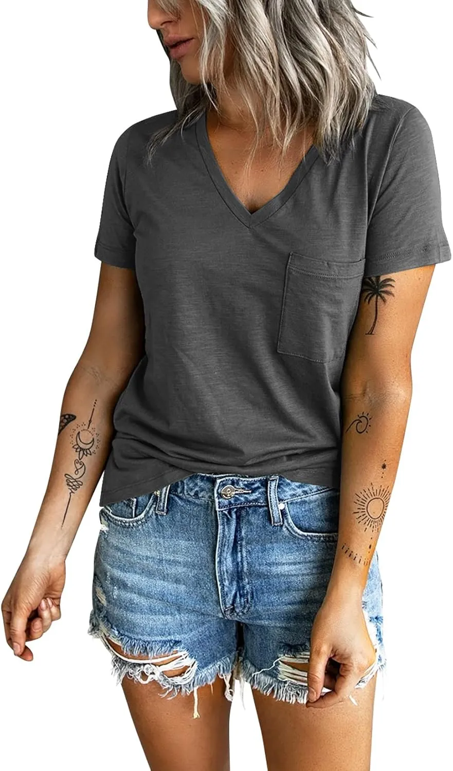 Sunborui Women's Summer Short Sleeve V Neck T Shirts Pocket Solid Loose Casual Tee Tops