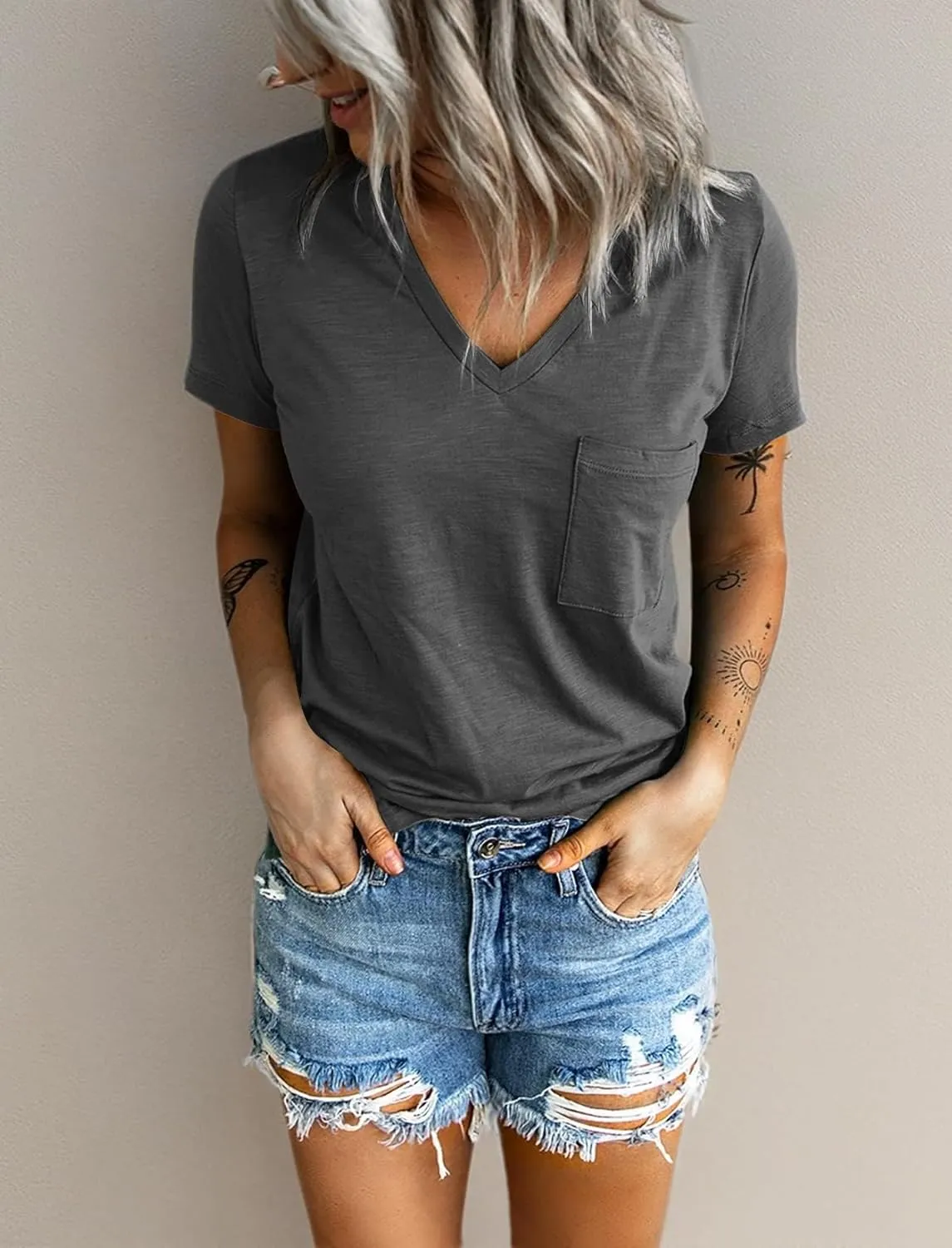 Sunborui Women's Summer Short Sleeve V Neck T Shirts Pocket Solid Loose Casual Tee Tops