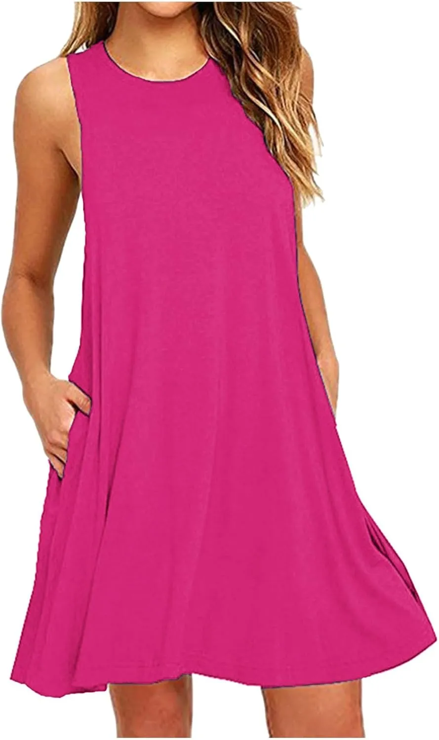 Sundresses for Women 2024 Solid Color Crewneck Sleeveless Summer Dress Loose Fit Tunic Midi Dress Flowy Swing Sundresses