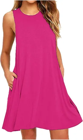 Sundresses for Women 2024 Solid Color Crewneck Sleeveless Summer Dress Loose Fit Tunic Midi Dress Flowy Swing Sundresses