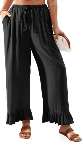 TARSE Womens Linen Casual Pants Flared Leg Wide Leg Drawstring Ruffle Harem Palazzo Pants with Pockets