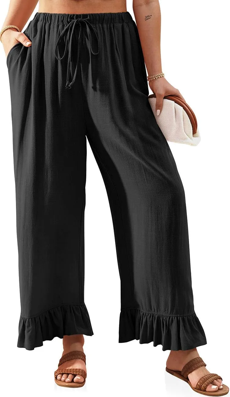 TARSE Womens Linen Casual Pants Flared Leg Wide Leg Drawstring Ruffle Harem Palazzo Pants with Pockets