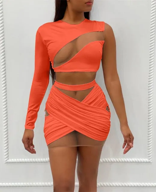 Trendy Mesh Shoulder Crop Top and Bandage Skirt Set
