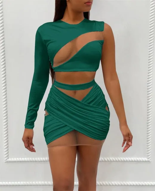 Trendy Mesh Shoulder Crop Top and Bandage Skirt Set
