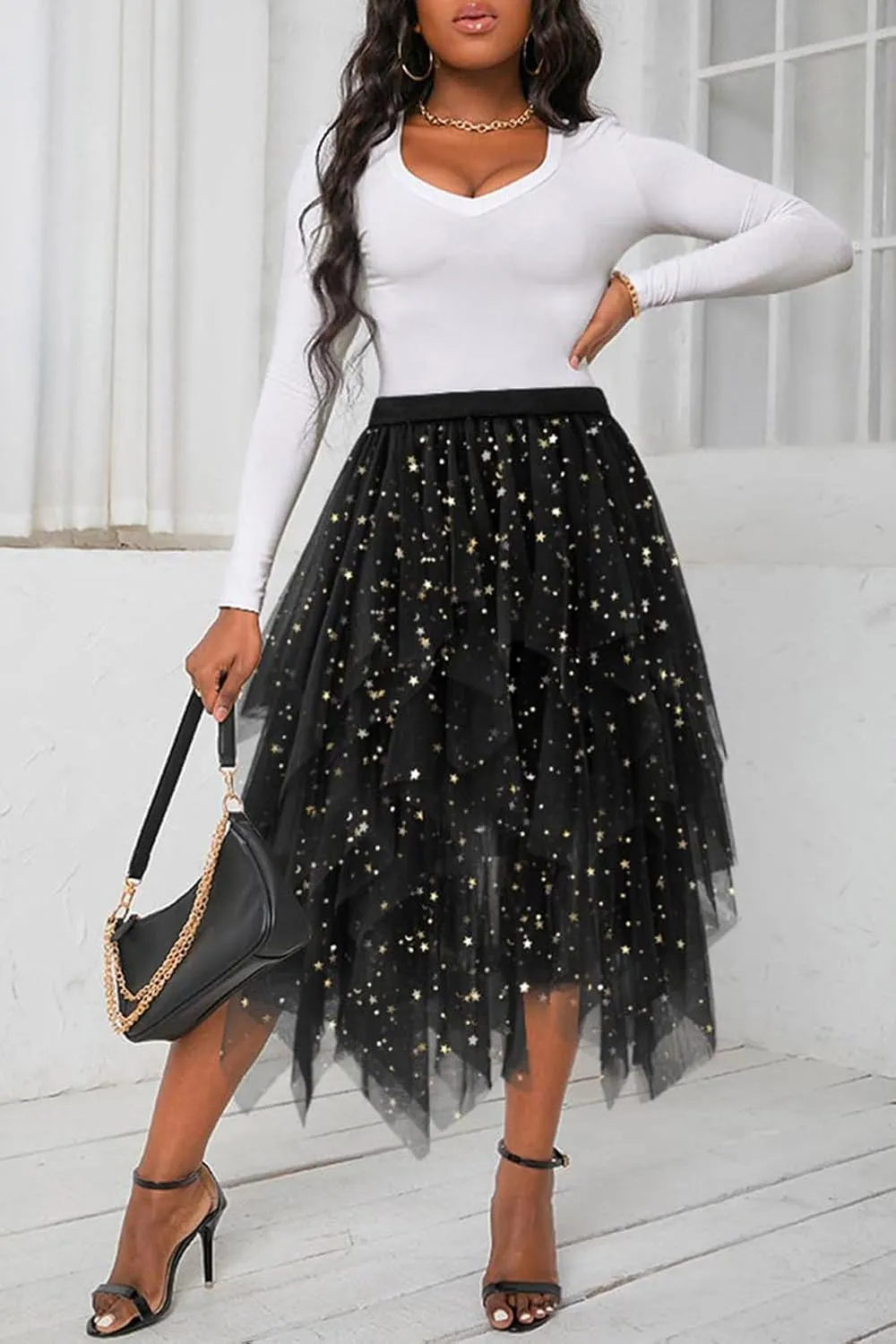 Tulle Skirts for Women Midi Long Tutu Skirt A-Line Mesh Layered Fairy Trendy High Elastic Waist Halloween Skirts
