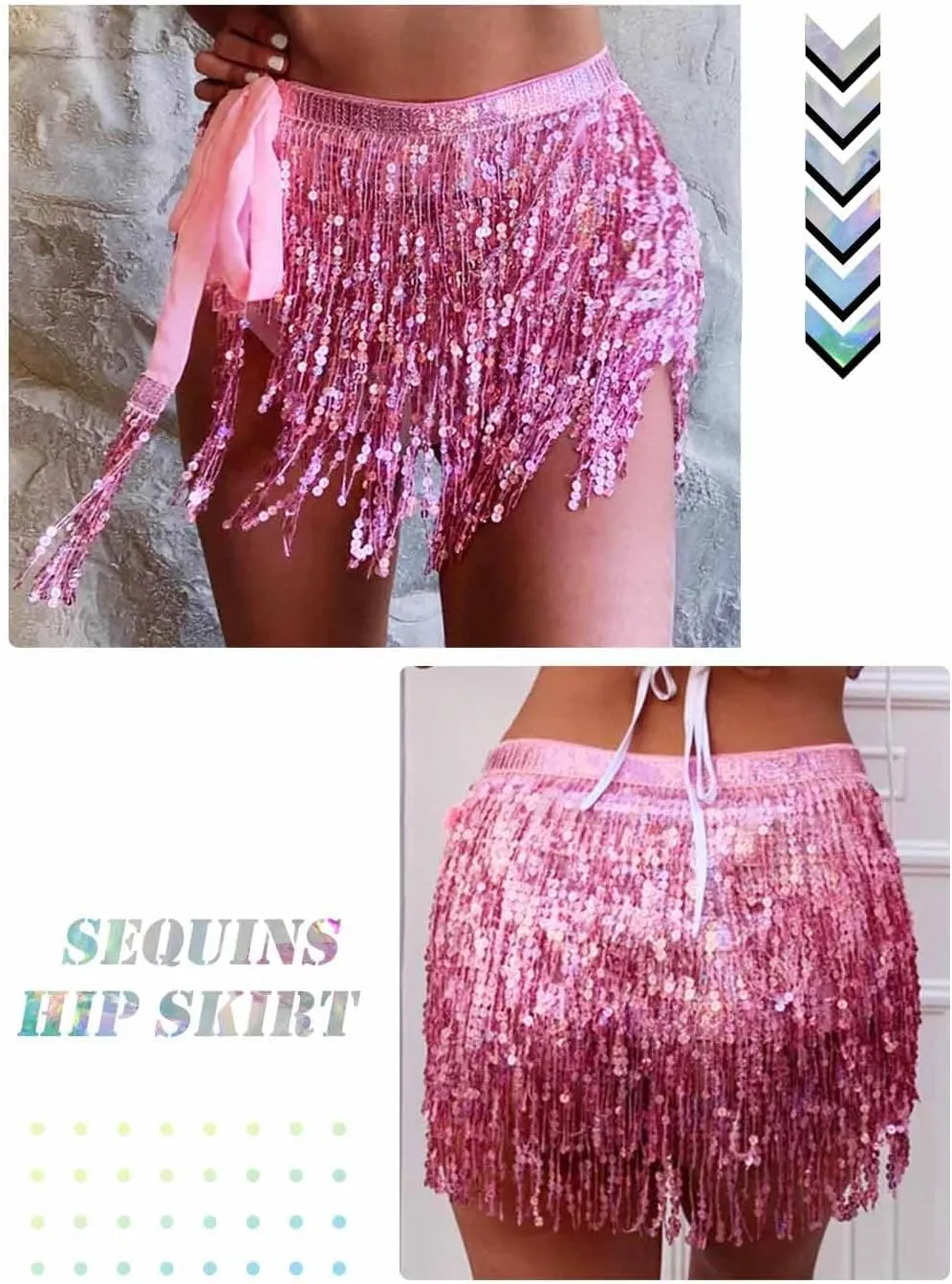TWINKLEDE Sparkly Sequin Tassel Skirt Rave Fringe Skirts Belly Dance Hip Scarf Belts for Women