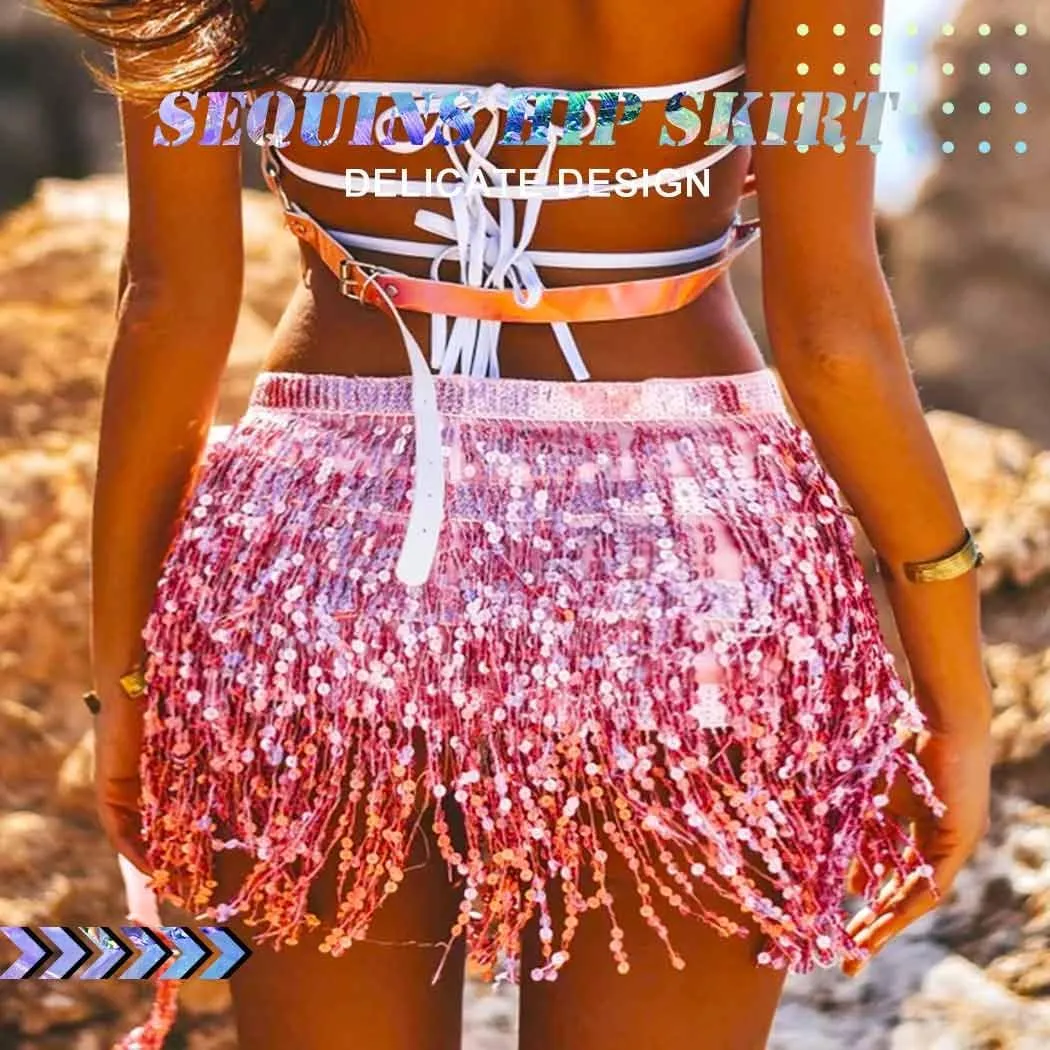 TWINKLEDE Sparkly Sequin Tassel Skirt Rave Fringe Skirts Belly Dance Hip Scarf Belts for Women